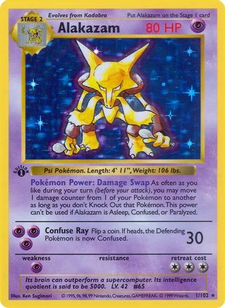 Alakazam 001  - Unlimited Holofoil Base Set Shadowless - Holo Rare