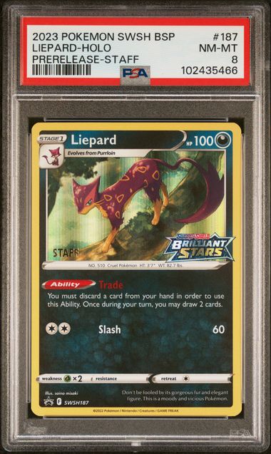 2023 POKEMON SWSH BLACK STAR PROMO #187 LIEPARD-HOLO PRERELEASE-STAFF PSA 8