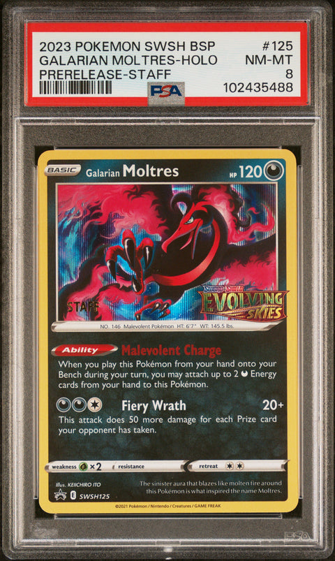 2023 POKEMON SWSH BLACK STAR PROMO #125 GALARIAN MOLTRES-HOLO PRERELEASE-STAFF PSA 8