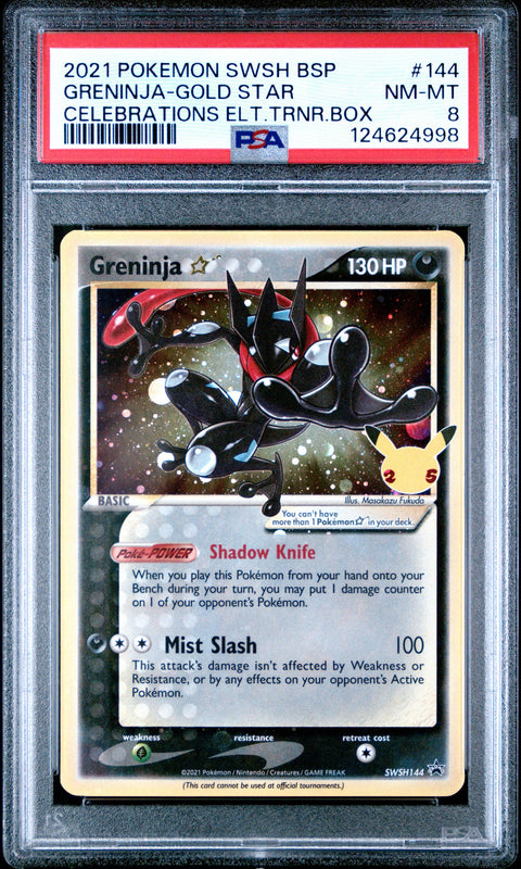 2021 POKEMON SWSH BLACK STAR PROMO #144 GRENINJA-GOLD STAR CELEBRATIONS ELT.TRNR.BOX PSA 8