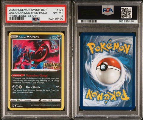 2023 POKEMON SWSH BLACK STAR PROMO #125 GALARIAN MOLTRES-HOLO PRERELEASE-STAFF PSA 8