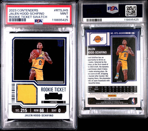 2023 PANINI CONTENDERS ROOKIE TICKET SWATCHES #RTSJHS JALEN HOOD-SCHIFINO PSA 9