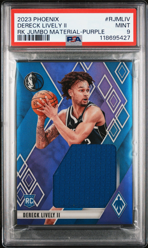 2023 PANINI PHOENIX ROOKIE JUMBO MATERIALS #RJMLIV DERECK LIVELY II RK JUMBO MATERIAL-PURPLE PSA 9