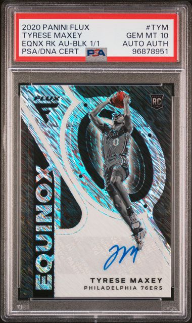 2020 PANINI FLUX EQUINOX ROOKIE AUTOGRAPHS #TYM TYRESE MAXEY EQNX RK AU-BLK 1/1 PSA 10
