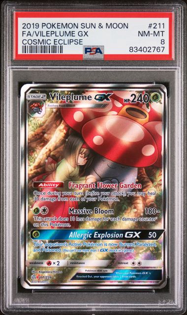 2019 POKEMON SUN & MOON COSMIC ECLIPSE #211 FA/VILEPLUME GX COSMIC ECLIPSE PSA 8