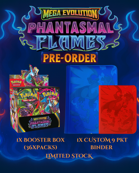 PRE-ORDER Pokemon TCG: Mega Evolution - Phantasmal Flames Booster + Custom 9 Pocket Binder