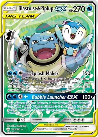 Blastoise & Piplup GX (Alternate Full Art) 215/236  - Holofoil SM  Cosmic Eclipse - Ultra Rare
