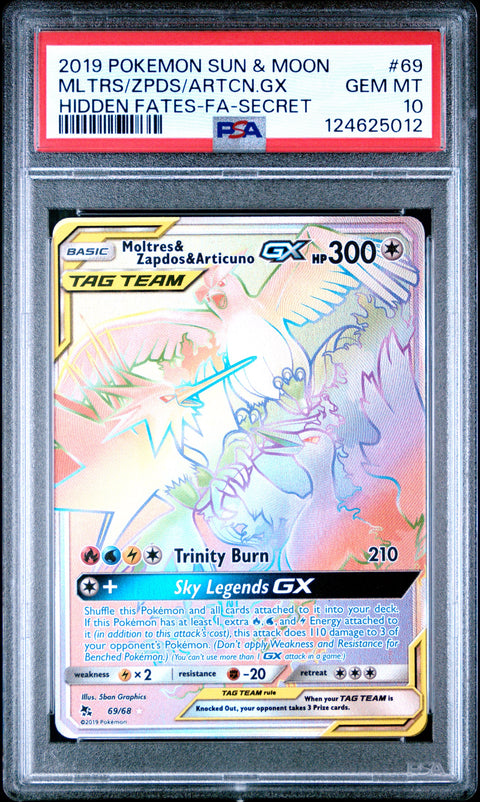 PSA 10 #69 MOLTRES & ZAPDOS & ARTICNO GX HIDDEN FATES FA/SECRET