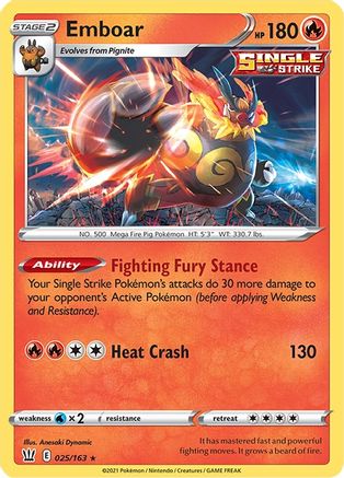 Emboar 025/163  - Reverse Holofoil SWSH05 Battle Styles - Holo Rare