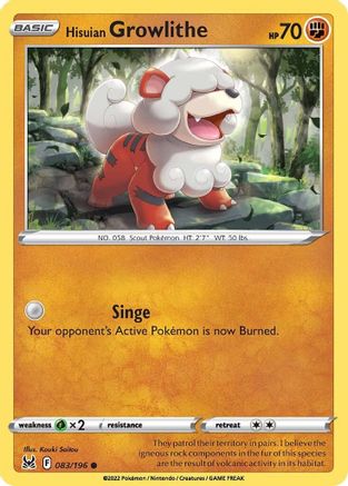 Hisuian Growlithe 083/196  - Reverse Holofoil SWSH11 Lost Origin - Common