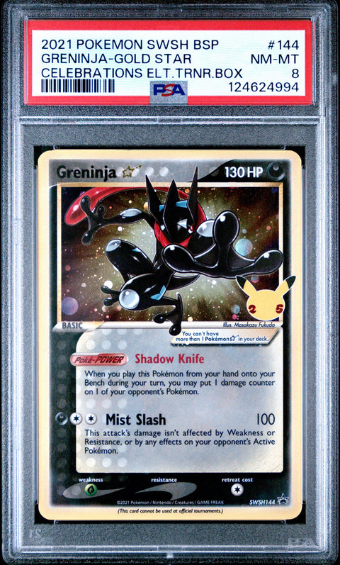 2021 POKEMON SWSH BLACK STAR PROMO #144 GRENINJA-GOLD STAR CELEBRATIONS ELT.TRNR.BOX PSA 8