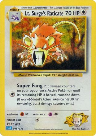 Lt. Surge's Raticate 016/034  - Holofoil Trading Card Game Classic - Classic Collection