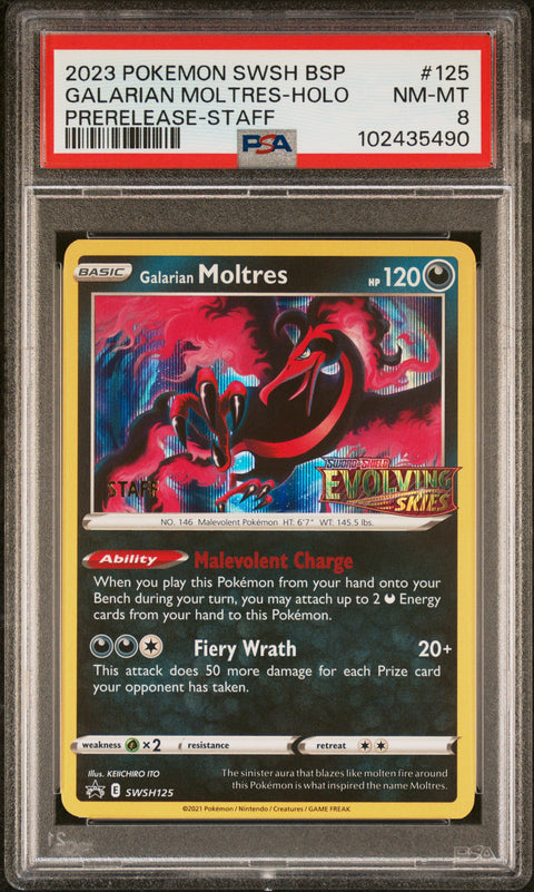 2023 POKEMON SWSH BLACK STAR PROMO #125 GALARIAN MOLTRES-HOLO PRERELEASE-STAFF PSA 8