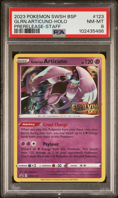 2023 POKEMON SWSH BLACK STAR PROMO #123 GLRN.ARTICUNO-HOLO PRERELEASE-STAFF PSA 8