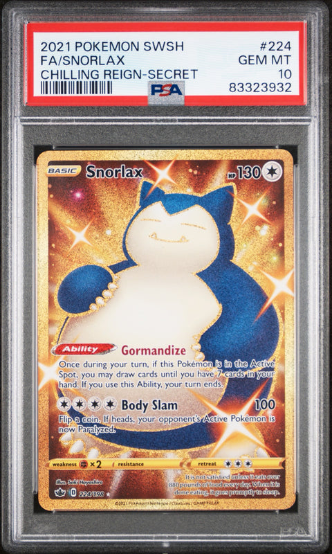 2021 PSA 10 #224 FA/SNORLAX CHILLING REIGN-SECRET