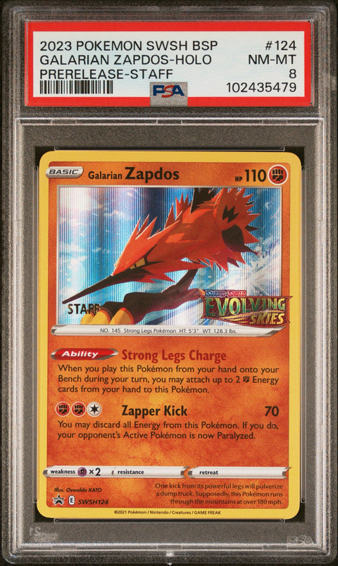 2023 POKEMON SWSH BLACK STAR PROMO #124 GALARIAN ZAPDOS-HOLO PRERELEASE-STAFF PSA 8