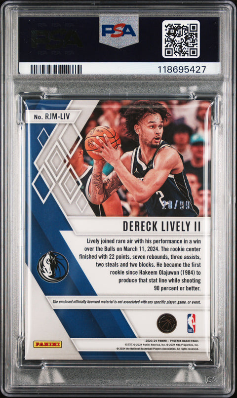 2023 PANINI PHOENIX ROOKIE JUMBO MATERIALS #RJMLIV DERECK LIVELY II RK JUMBO MATERIAL-PURPLE PSA 9
