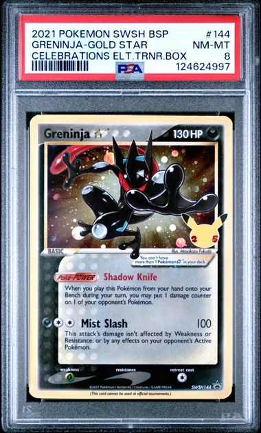 2021 POKEMON SWSH BLACK STAR PROMO #144 GRENINJA-GOLD STAR CELEBRATIONS ELT.TRNR.BOX PSA 8