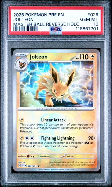 2025 POKEMON PRE EN-PRISMATIC EVOLUTIONS #029 JOLTEON MASTER BALL REVERSE HOLO PSA 10