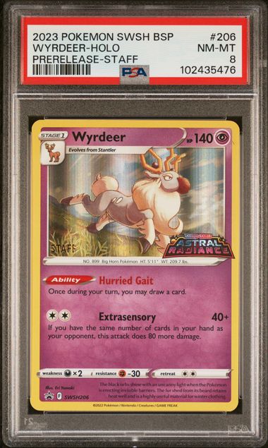 2023 POKEMON SWSH BLACK STAR PROMO #206 WYRDEER-HOLO PRERELEASE-STAFF PSA 8