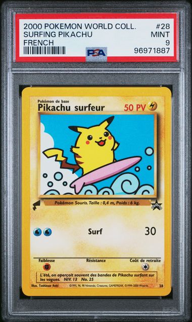 2000 POKEMON PIKACHU WORLD #28 SURFING PIKACHU FRENCH PSA 9