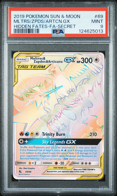 PSA 9 #69 MOLTRES & ZAPDOS &ARTICUNO GX HIDDEN FATES FA SECRET