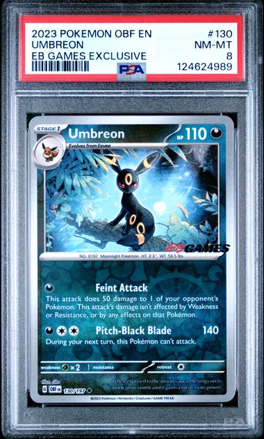 2023 POKEMON OBF EN-OBSIDIAN FLAMES #130 UMBREON EB GAMES EXCLUSIVE PSA 8