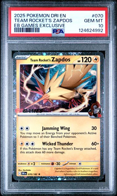 2025 POKEMON DRI EN-DESTINED RIVALS #070 TEAM ROCKET'S ZAPDOS EB GAMES EXCLUSIVE PSA 10