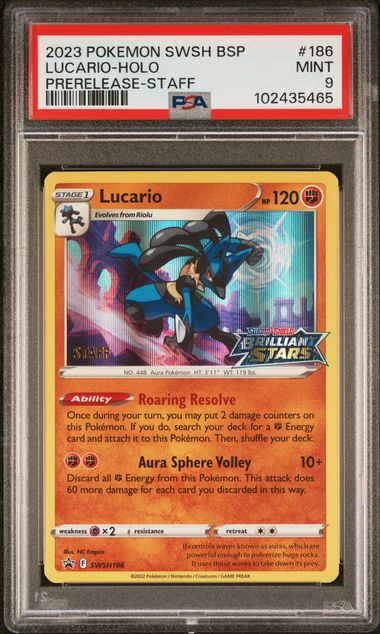 2023 POKEMON SWSH BLACK STAR PROMO #186 LUCARIO-HOLO PRERELEASE-STAFF PSA 9