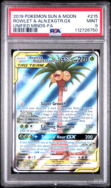 2019 POKEMON SUN & MOON UNIFIED MINDS #215 ROWLET & ALN.EXGTR.GX UNIFIED MINDS-FA PSA 9