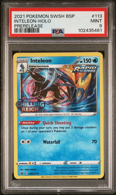 2021 POKEMON SWSH BLACK STAR PROMO #113 INTELEON-HOLO PRERELEASE PSA 9
