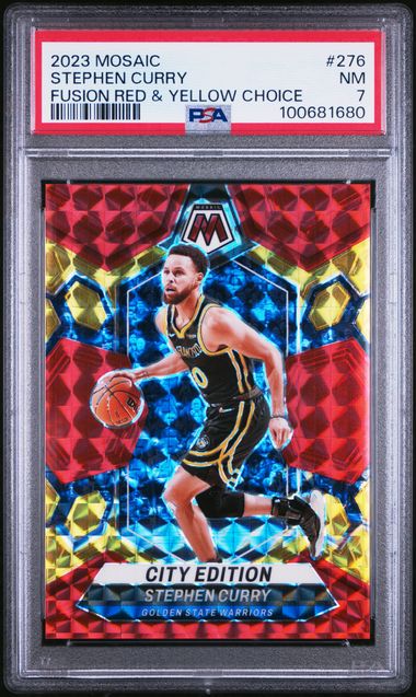 2023 PANINI MOSAIC #276 STEPHEN CURRY FUSION RED & YELLOW CHOICE PSA 7