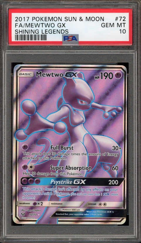 PSA 10 #72 FA/MEWTWO GX SHINING LEGENDS