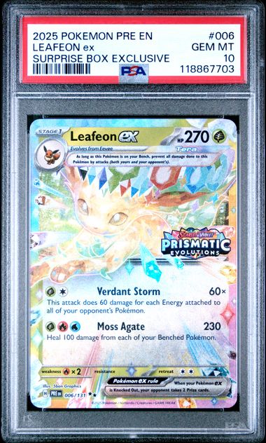 2025 POKEMON PRE EN-PRISMATIC EVOLUTIONS #006 LEAFEON ex SURPRISE BOX EXCLUSIVE PSA 10