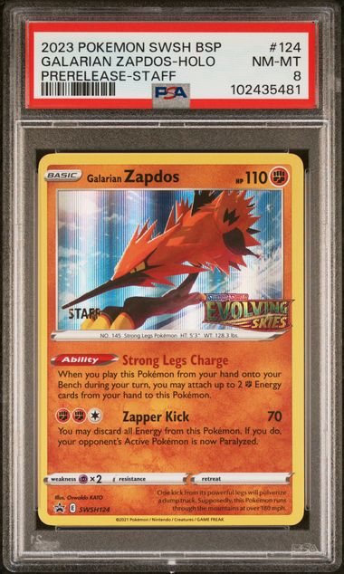 2023 POKEMON SWSH BLACK STAR PROMO #124 GALARIAN ZAPDOS-HOLO PRERELEASE-STAFF PSA 8